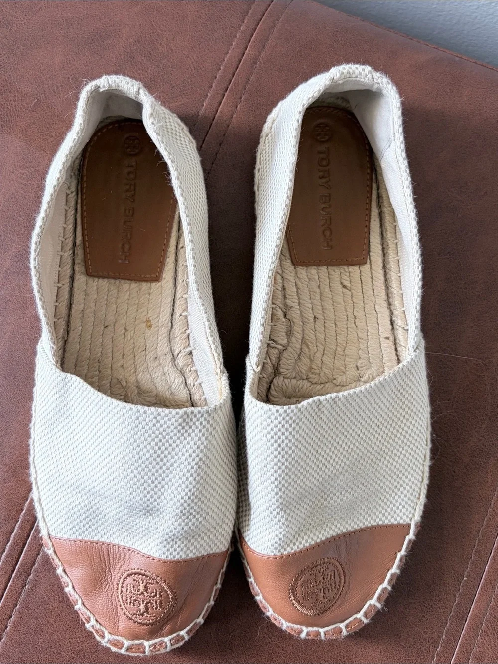 Tory Burch Cream Canvas Espadrille with Tan Leather Toe